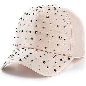 Beige Bling Baseball Cap with Diamond Design Adjustable Sports Cap